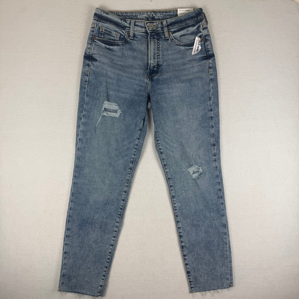 Old Navy OG Straight High Rise Ankle Jeans Blue Distressed Raw Hem Womens 8 NEW